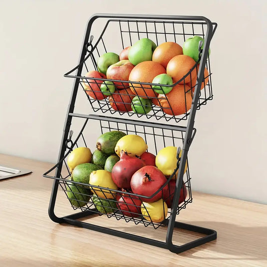 Fruit Basket For Kitchen Countertop, Black 2 Tier Metal Wire Basket Storage
