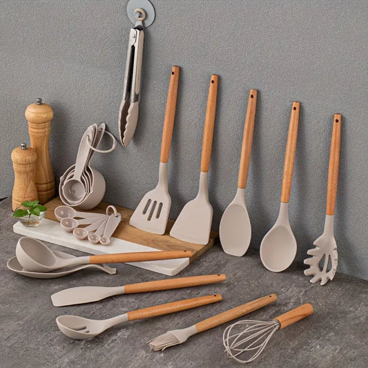 33pcs Wooden Handle Silicone Kitchenware Silicone Spoon Shovel Kitchen Gadgets Set Kitchen Cooking Tools