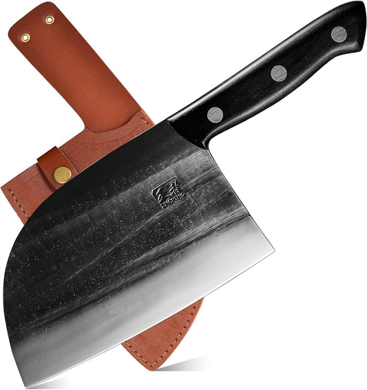 Steel Butcher Knife 6.7 Inch, Handmade Professional Meat Cleaver Knife with Leather Sheath, High-Carbon Clad Steel