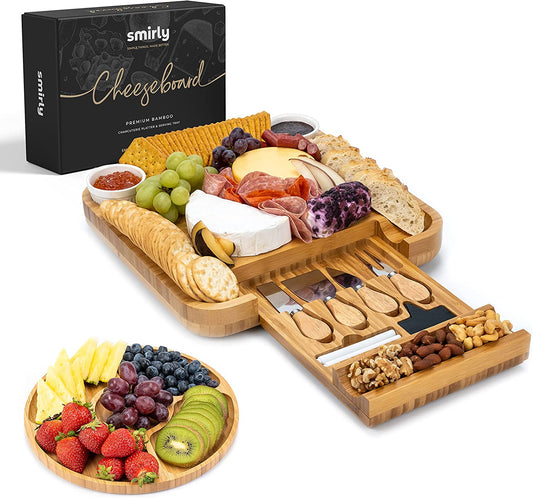 Bamboo Cheese Board w Utensils and Fruit Plate Wood