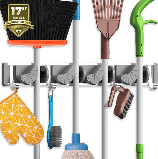 Mop Broom Holder Wall Mount Metal Pantry Organization Silver (4 Hooks)