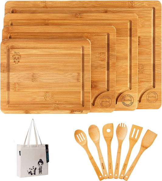 Bamboo Cutting Board Wood Set of 4 and Wooden Cooking Utensils