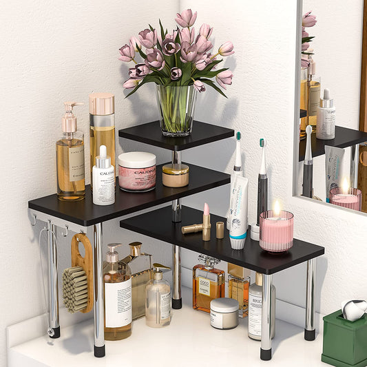 Bathroom Counter Organizer Corner Shelf – Bathroom Organization Bamboo 3 Tier Spice Rack Makeup Organizer Black