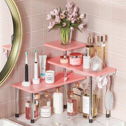 Bathroom Counter Organizer Corner Shelf – Bathroom Organization Bamboo 3 Tier Spice Rack Makeup Organizer Pink